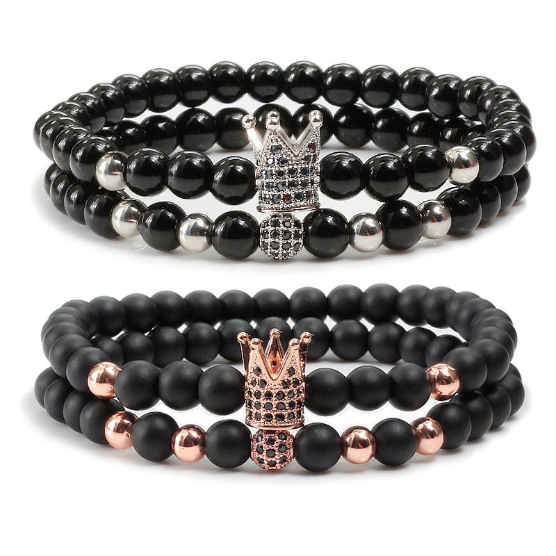 Bracelet extensible en pierre naturelle d'onyx noir (6 mm), orné de perles CZ en forme de couronne et de boule, pour couple (homme et femme).