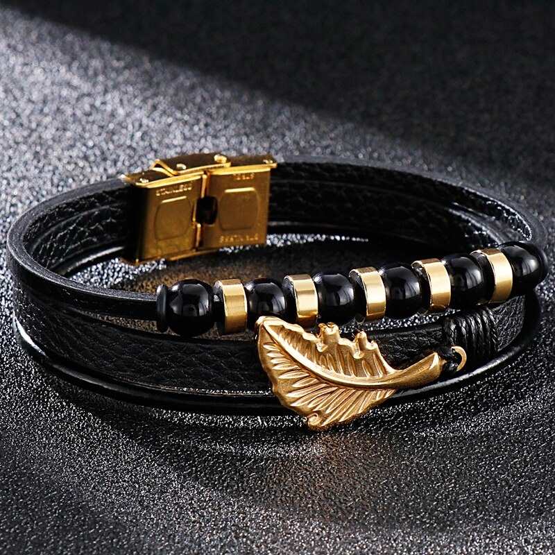 Bracelet en cuir pour homme avec amulette en acier inoxydable, perles en feuille d'or, bracelet multicouche tissé à la main, style punk rock, bijou de poignet
