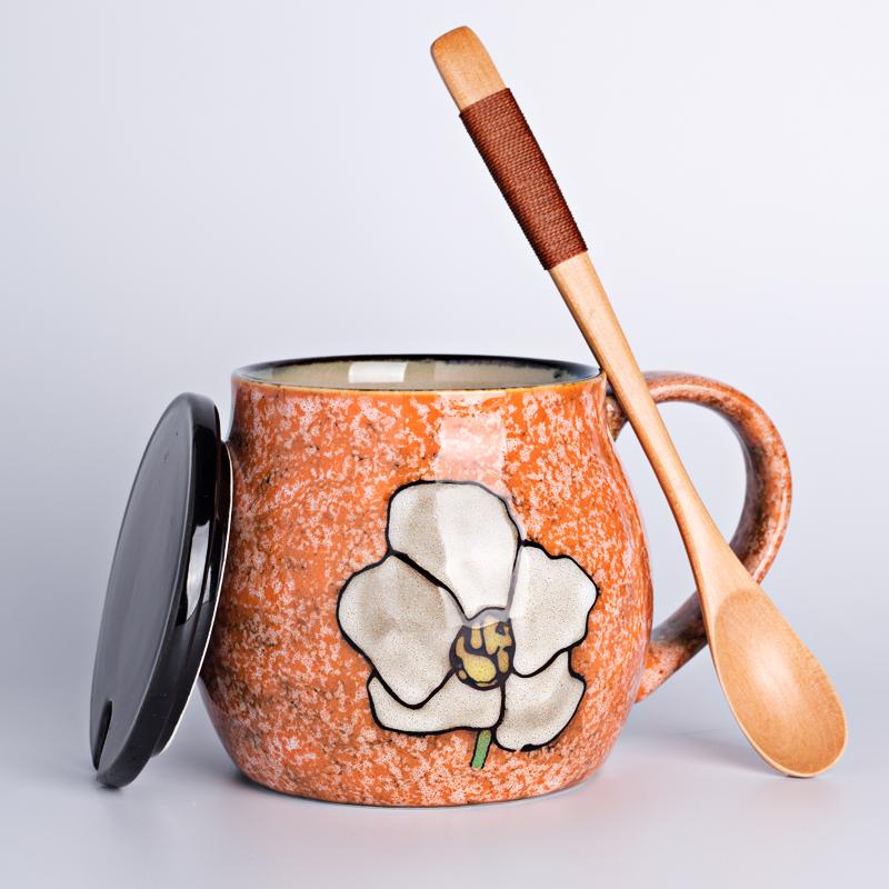 Mug japonais en céramique peint à la main avec couvercle et cuillère, style minimaliste, motif floral, idéal pour le café, le lait et le petit-déjeuner (MM50MK).