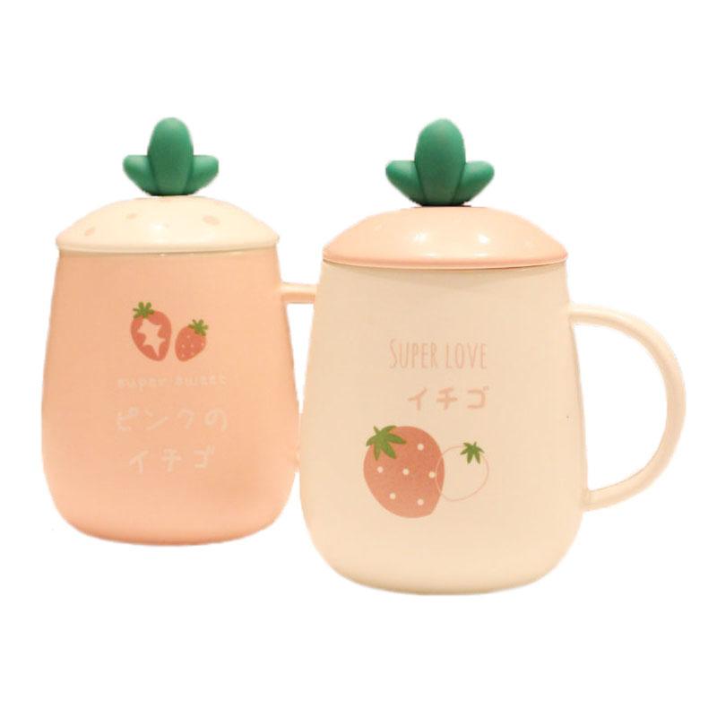 Mug fraise mignon rose fille dessin animé petit-déjeuner lait mug coréen en céramique avec couvercle et cuillère créatif Noël fruit CC66MKB
