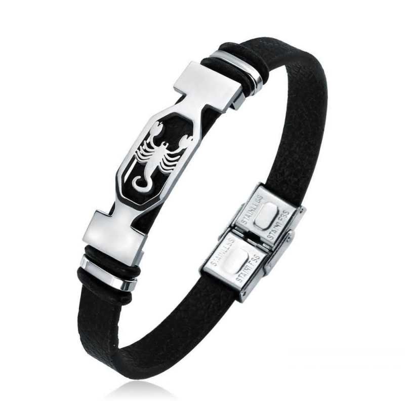 Bracelet en acier inoxydable 12 constellations pour homme et femme, signe du zodiaque, bracelet en cuir noir, bijoux Pulseras Hombre