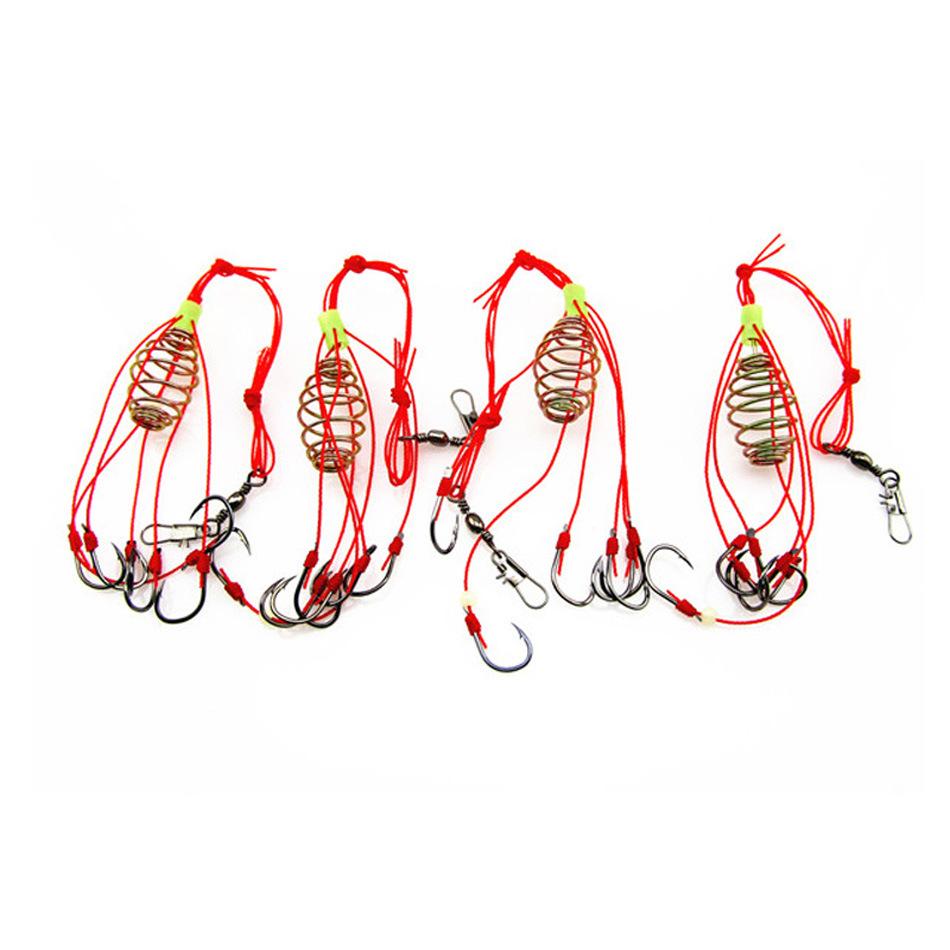 Lot de 4 hameçons de pêche explosifs, leurres de pêche, pièges à appâts, cages d'alimentation, hameçons pointus avec ressorts en acier inoxydable