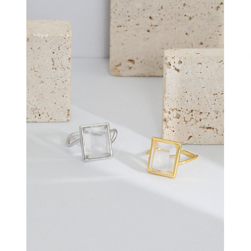 Bague minimaliste carrée en cristal blanc naturel, bijou pour femme, élégante bague en argent sterling 925, cadeau de fiançailles pour amies