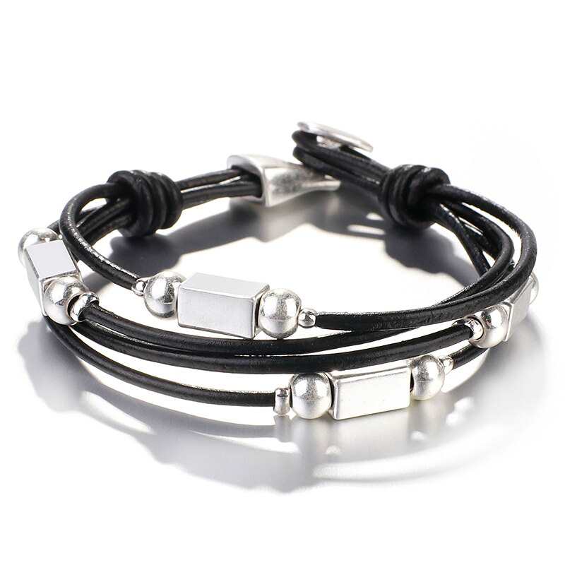 Bracelets manchettes rectangulaires et carrés en cuir métallisé pour femmes, style tendance, multicouches, bracelet magnétique, bijou cadeau