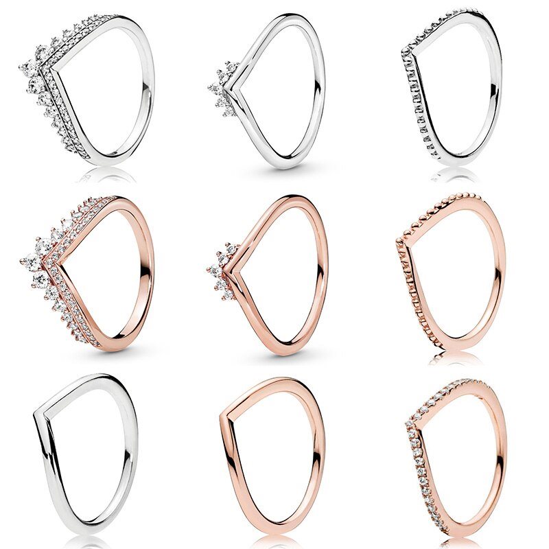 Bagues pour femmes en argent sterling 925 avec pendentif princesse en cristal et or rose, style princesse, bijoux de mariage et de fête.