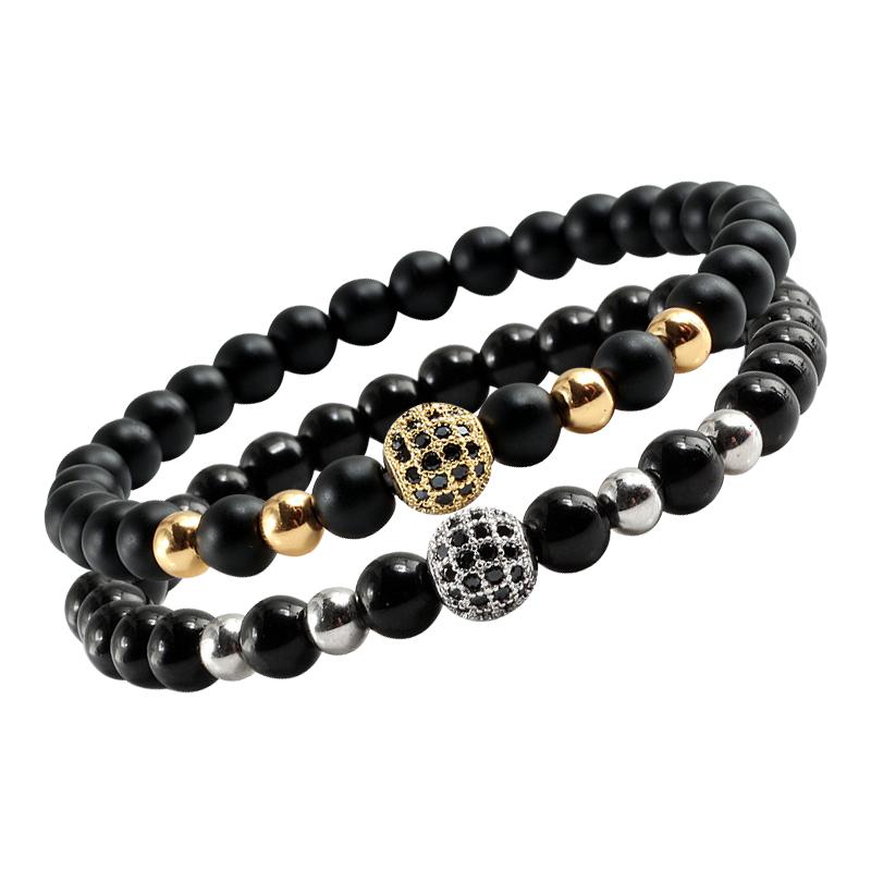 Bracelet homme en pierre naturelle avec breloque femme, or rose, zircon cubique, perles noires mates, bijoux tendance pour couples
