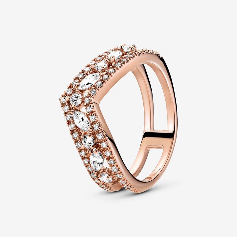 Bagues en argent 925, collection automne 2020, rose scintillant, forme marquise, double anneau en forme de V, pour femme. Bijou original de marque, cadeau idéal.