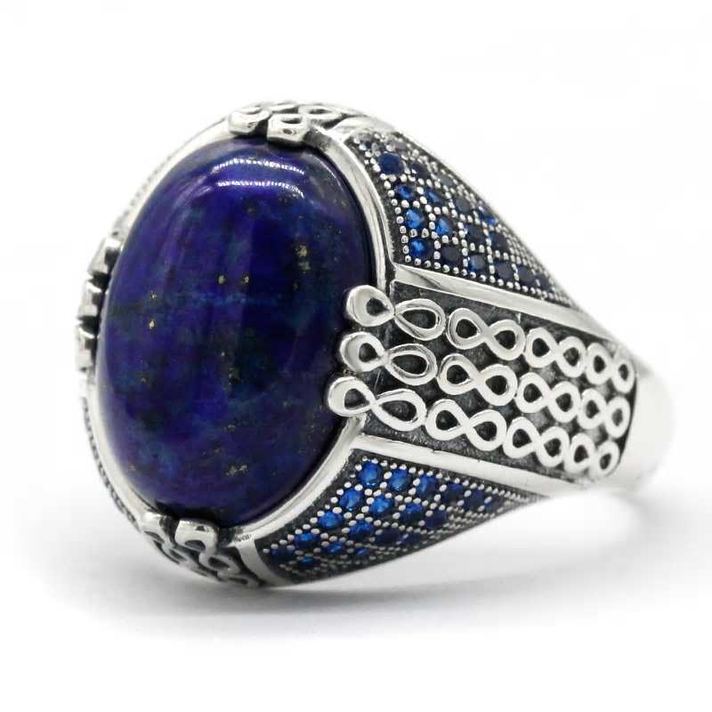 Bague Kami en argent sterling 925 avec lapis-lazuli et pierre bleue, style vintage, à rayures, bijou turc ou thaïlandais, pour homme et femme. Idée cadeau.
