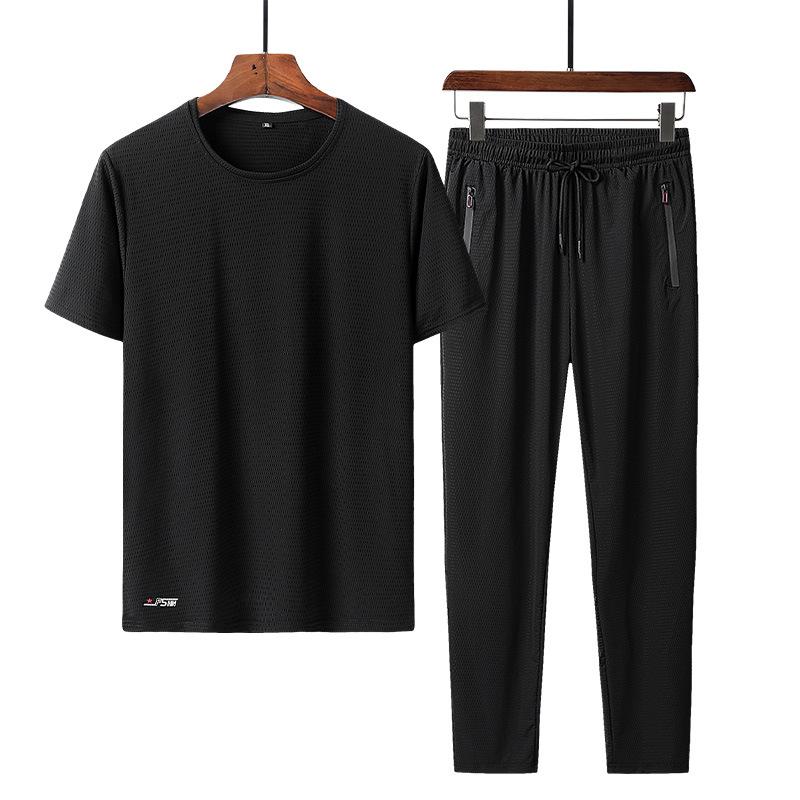 Breathable Ice Silk Men Set Mesh Casual Sportswear Suit Loose Large Size Hollow Short Sleeve T shirt Long Pants Two piece Set