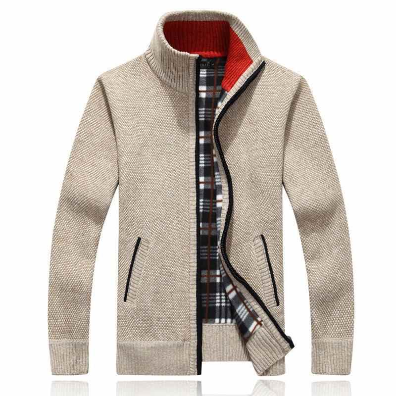 Winter Thick Men's Knitted Sweater Coat Off White Long Sleeve Cardigan Fleece Full Zip Male Causal Plus Size Clothing for Autumn