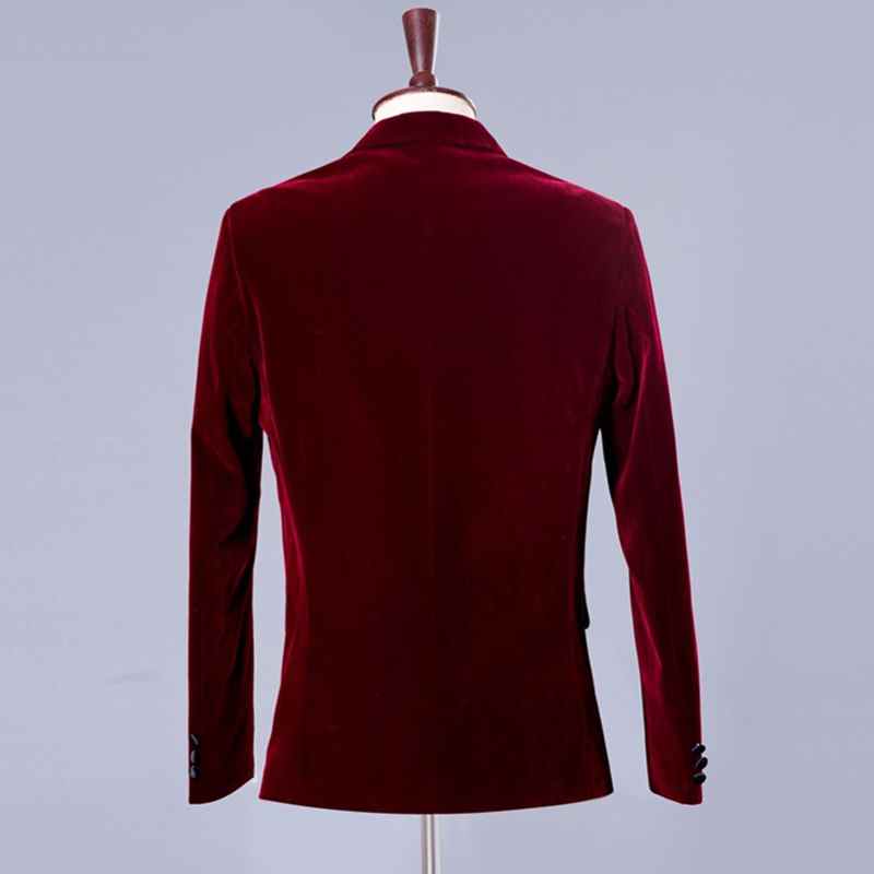 Retro Men Suits Jacket for Boyfriend Burgundy Velvet Dinner Blazer Wedding Groom Slim Fit with Black Peaked Lapel Fashion Coat