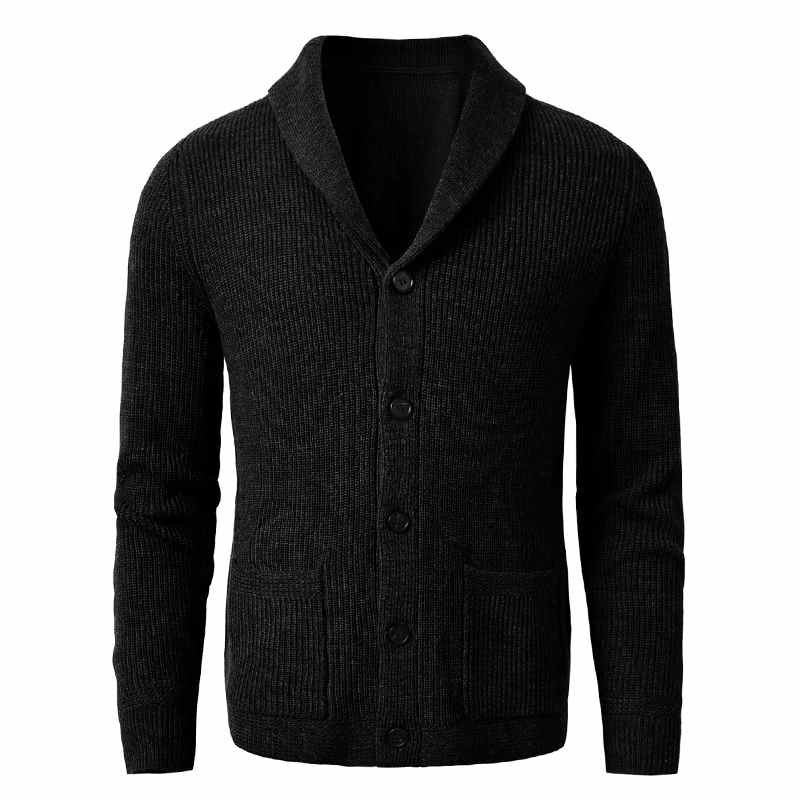 Men's Shawl Collar Cardigan Sweater Slim Fit Cable Knit Button up Black Merino Wool Sweater