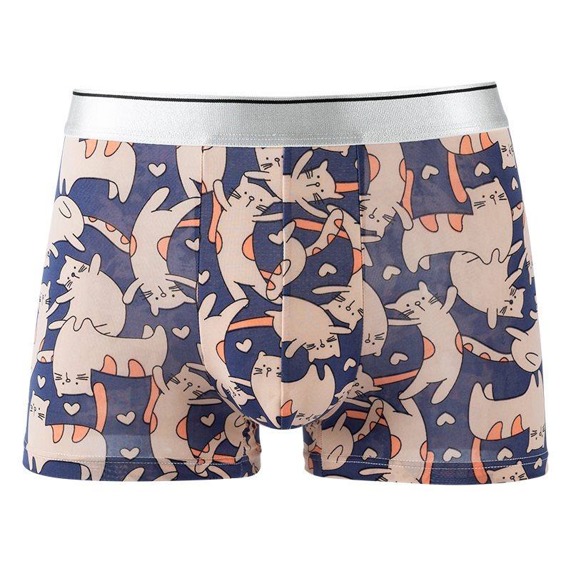 Summer Ice Silk Breathable Fashion Yong Man Cats Cartoon Boxers Personality High Elasticity Thin Tight Large Size Underwear